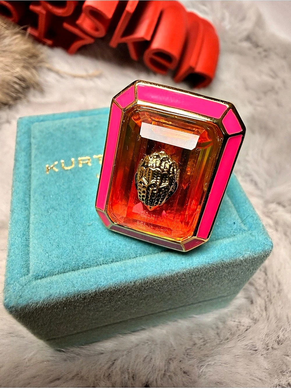 Kurt Geiger London Crystal Eagle Ring Pink & Gold Statement Ring Like New - Picture 5 of 13